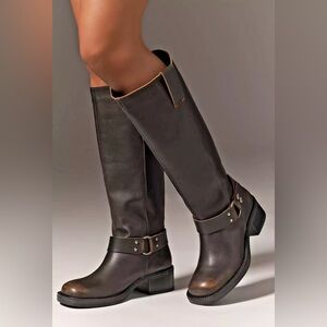 Anthropologie Brown Leather Knee-High Heeled Cowboy Boots